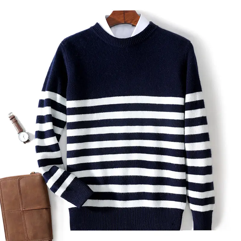 Round Neck Pure Wool Sweater Men's Casual Loose Thick Sweater Striped Knitted Base Cashmere Sweaters