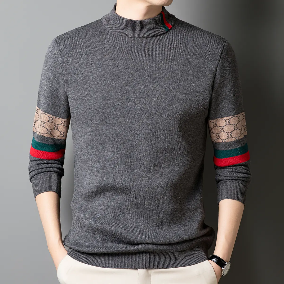 Men's Knitted Pullover O-Neck Embroidery Sweater C...