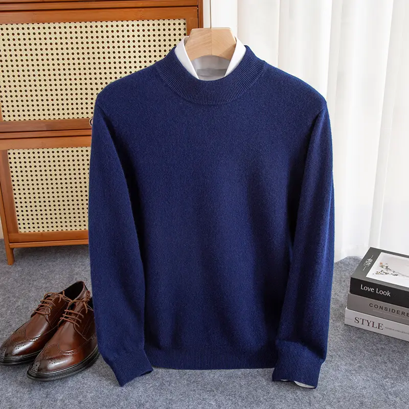 Men's Wool Pullover Half-High Collar Sweater Warm Solid Color Knit Sweater Business Casual Top