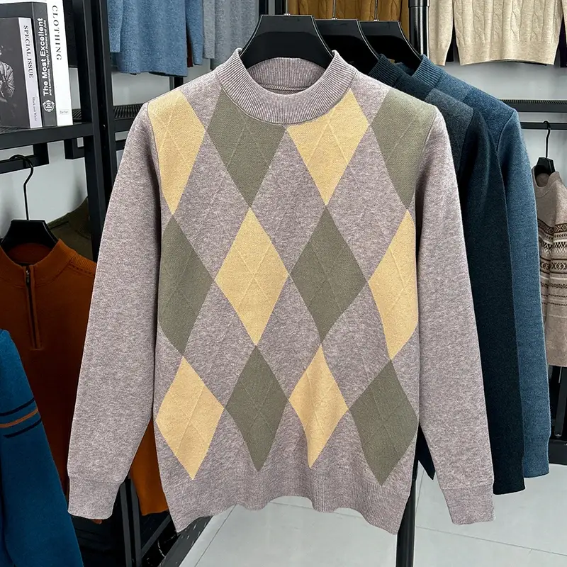 Men's Plaid Half High Collar Long Sleeve Sweater Knitted Sweater Fashion Casual Versatile Top