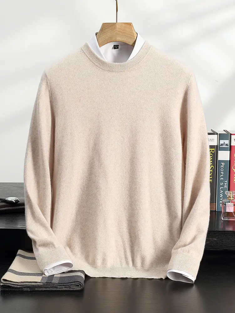 Pure Cashmere Sweater Men's O-Neck Solid Color Long Sleeved Tops Casual Menswear