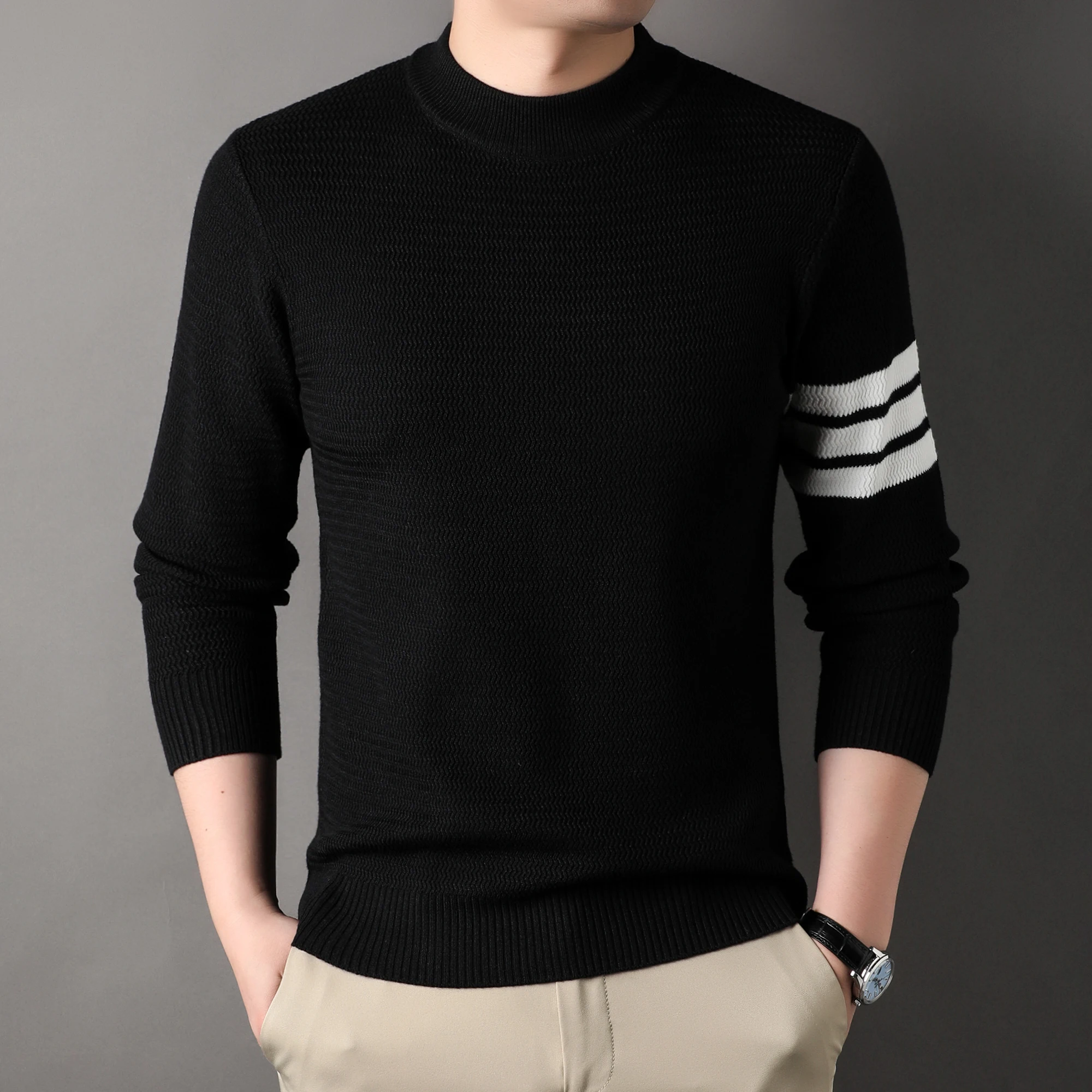 Men's Knitted Sweater Jacquard Sleeve Water Ripple Long Sleeve Casual Sweater