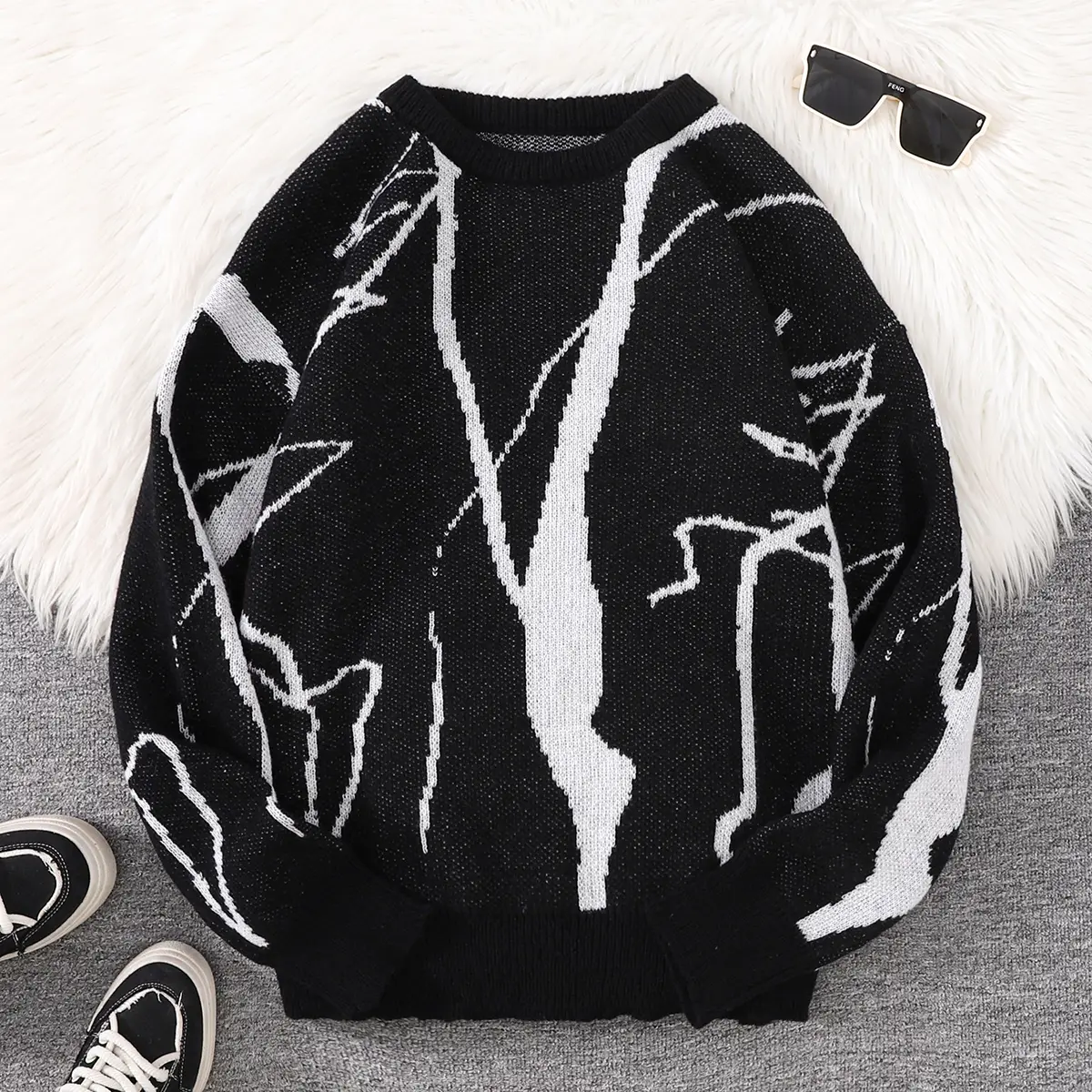 Abstract Crack Graffiti Jacquard Pattern Pullover Sweater Casual Round Neck Knitted Men's Pullover
