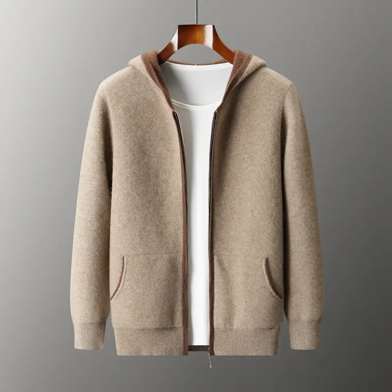 Cashmere Sweater Hooded Zipper Cardigan Men's Air Layer Thickened Color Block Knitted Sweater Jacket