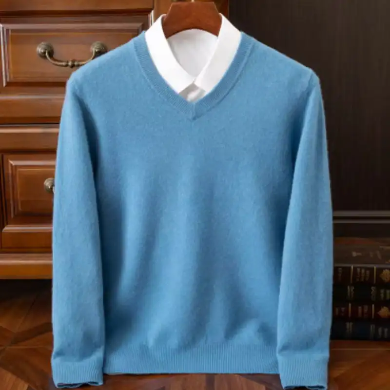 Men's Wool Warm Pullovers Sweater V-Neck Knit Fit Tops Male Cashmere Knitwear Jumpers