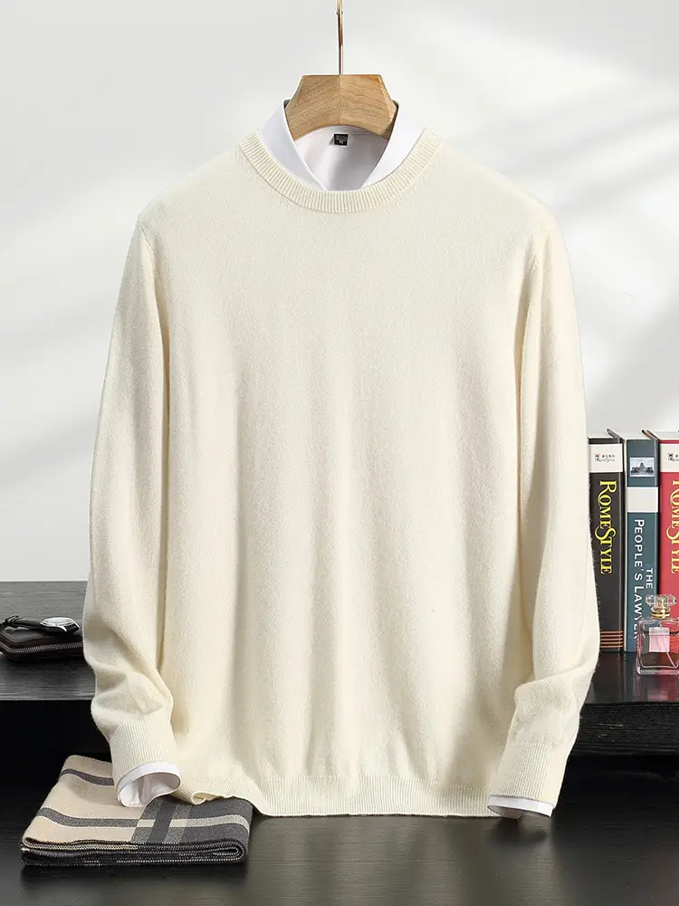 Pure Cashmere Sweater Men's O-Neck Solid Color Lon...