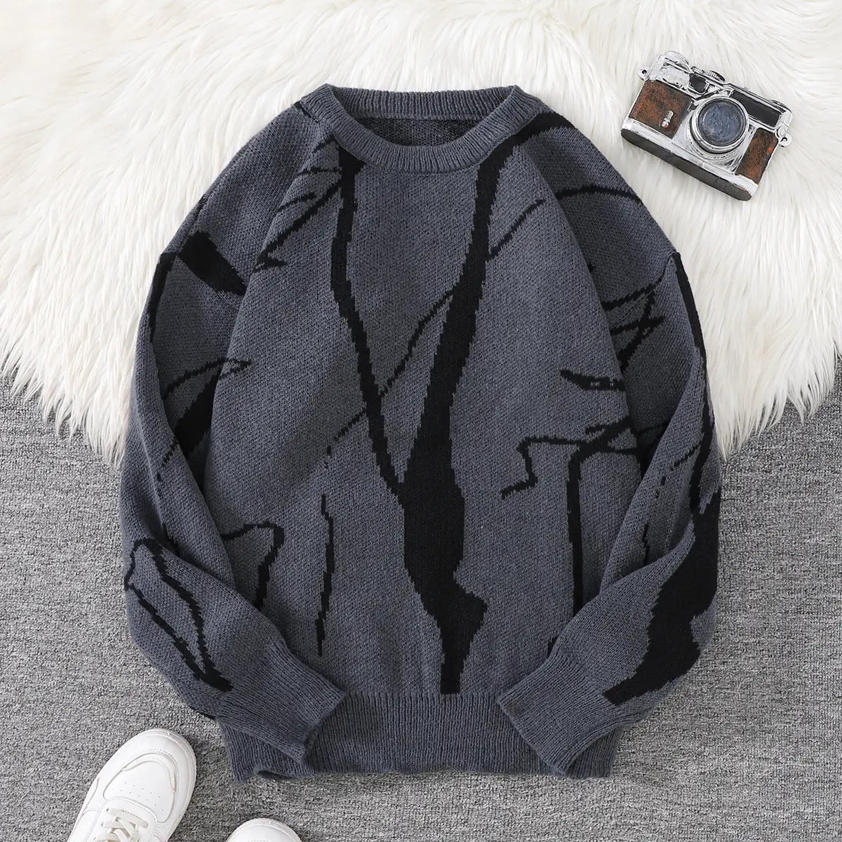 Abstract Crack Graffiti Jacquard Pattern Pullover ...