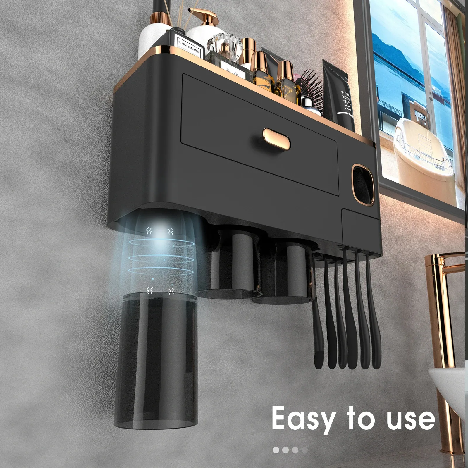 Toothbrush Holders For Bathrooms - Upgrade Wall Mounted Toothbrush Holder With Toothpaste Dispenser -3 Cups Large Capacity Tray