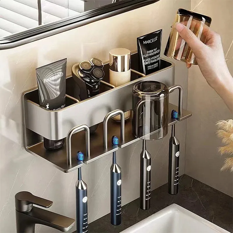 Wall Mounted Toothbrush Holder Aluminium Alloy Toothpaste Rack Without Drilling Space Saving Bathroom