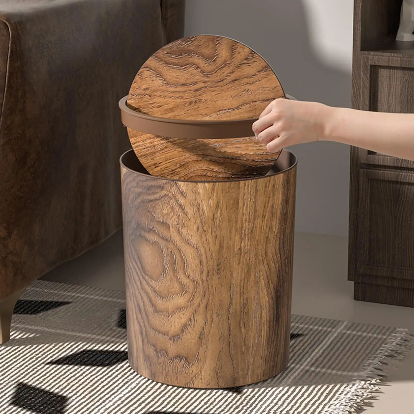 Retro-Style Wooden Trash Can With Rotating Lid
