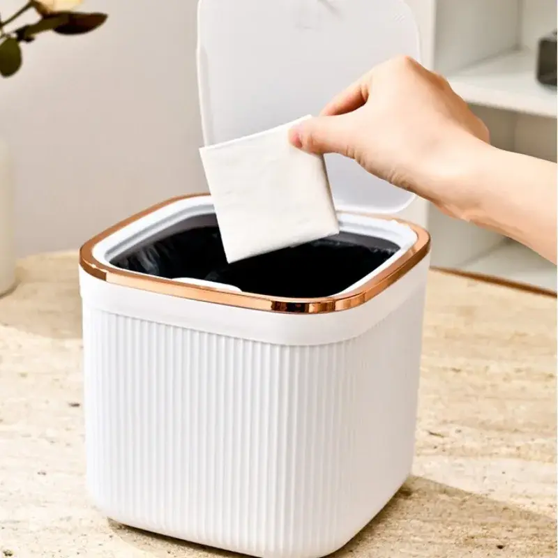 Square Push-Button Mini Trash Can, Silent Soft-Clo...