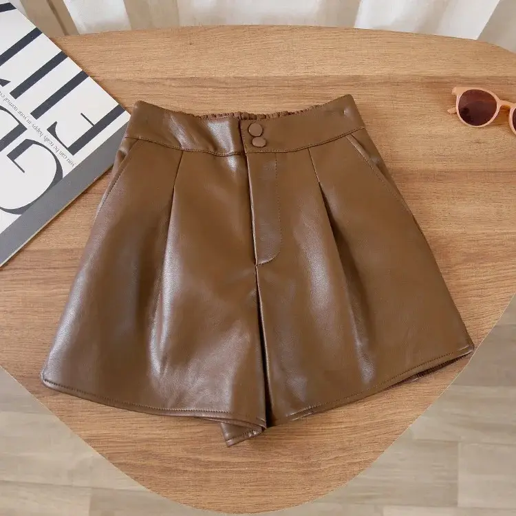 High Waist Pure Color Casual Short For Women Trendy Leather Slimming Effect