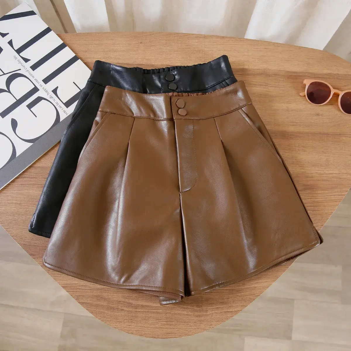 High Waist Pure Color Casual Short For Women Trendy Leather Slimming Effect