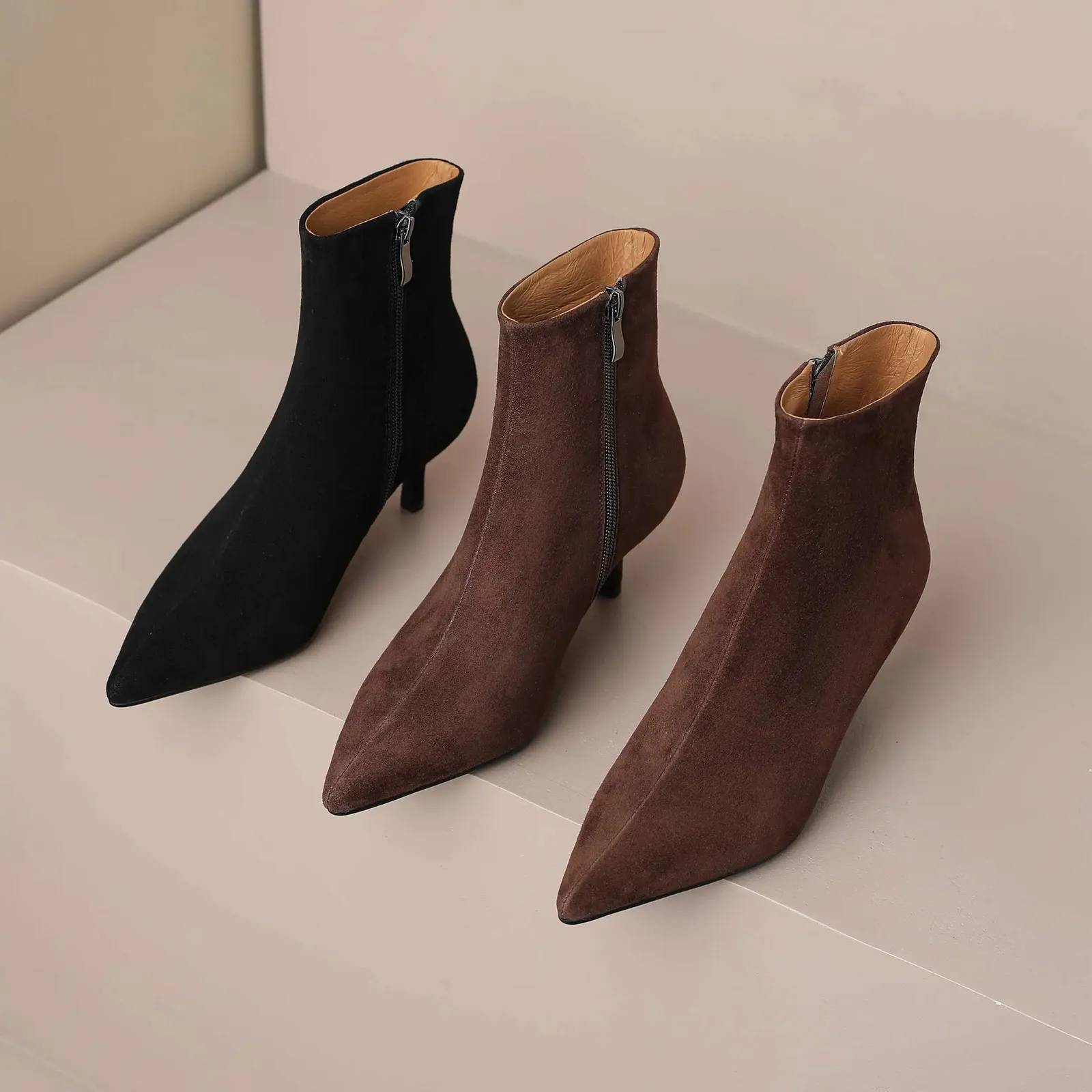 Cow Suede Pointed Toe High Heels Modern Boots  Women Ankle Boots
