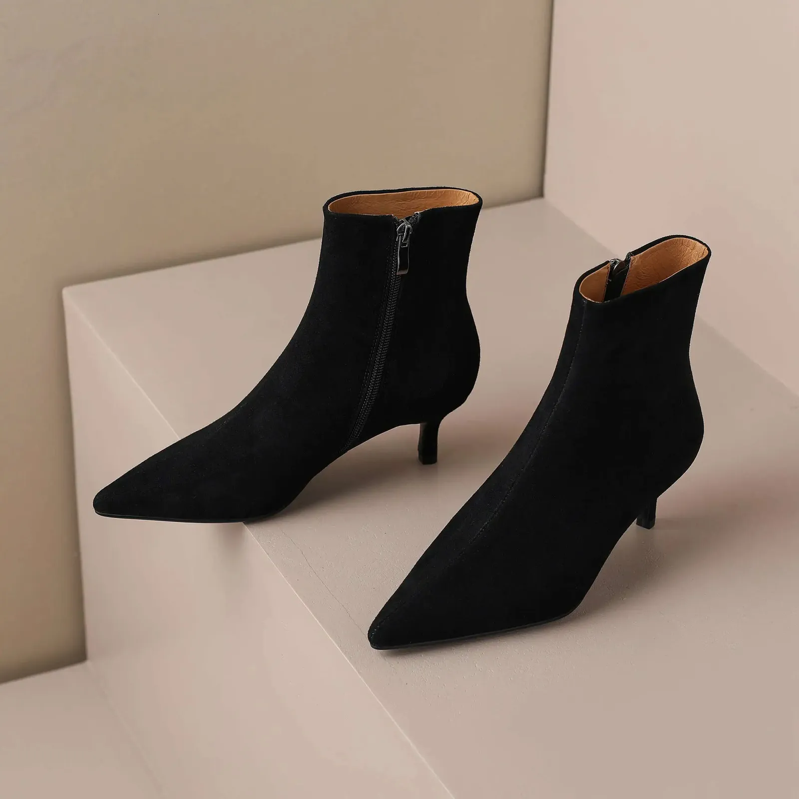 Women's Cow Suede Ankle Boots Pointed Toe High Hee...