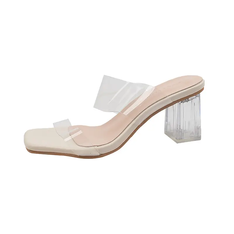 Women's  Slip on Open Toe High Heels Women Chunky Heel Transparent Slippers