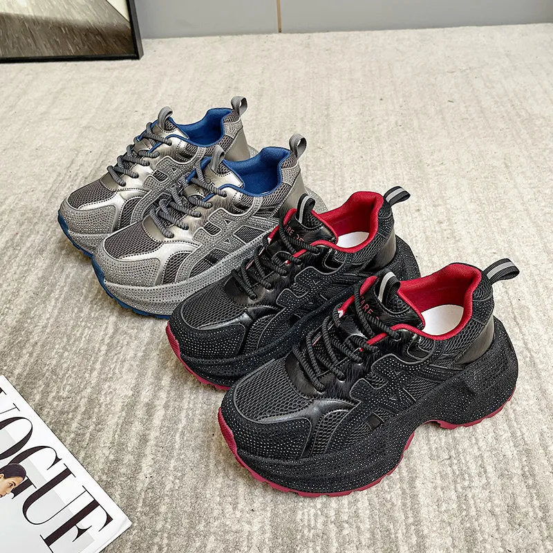 Women's Height-Boosting Dad Shoes Thick-Sole Retro Style with Rhinestones Flatters Small Feet Casual Athletic Footwear