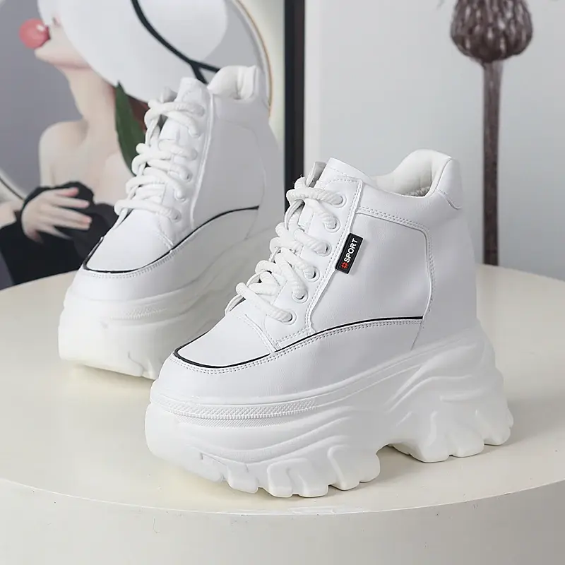 Muffin Thick Sole 12cm Inner Height Increase Casual High-top Shoes Women's Thin Small Super High Heel Dad Shoes