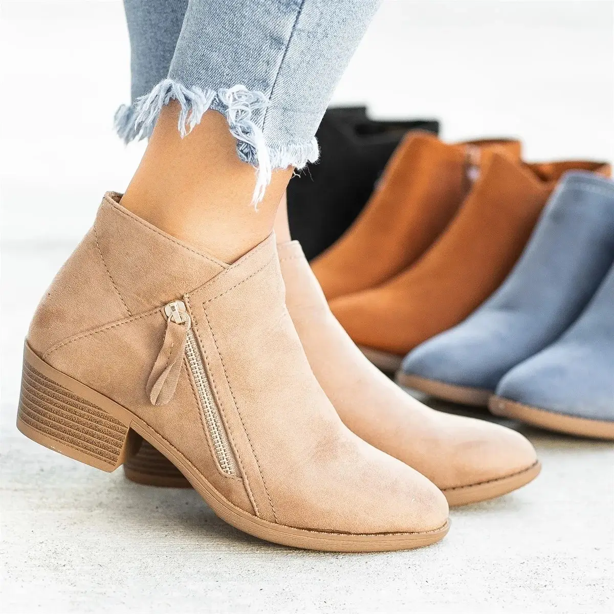 Women Boot Suede Boots Women Fashion Platform Boots Side Zipper Heeled Ankle Boots