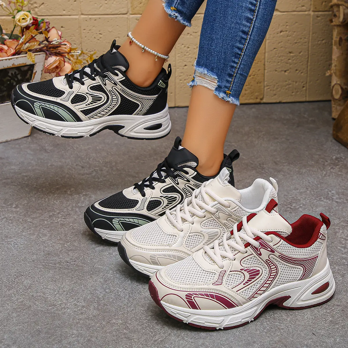 Autumn Style Versatile Fashionable Color Matching Upper Women's Casual Sports Shoes Road Running Shoes Dad Shoes