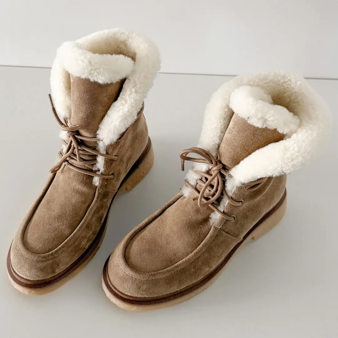 Women's Natural Suede Leather Round Toe Lace-Up Wool Inside Winter Ankle Snow Boots Casual Female High Quality Shoes