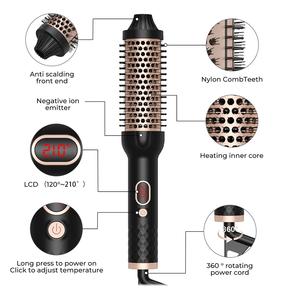 38mm Heated Hot Hair Brush to Create Natural Curls Hot Round Brush 10 Temps Curling Iron Brush for Smoother Thermal Brush