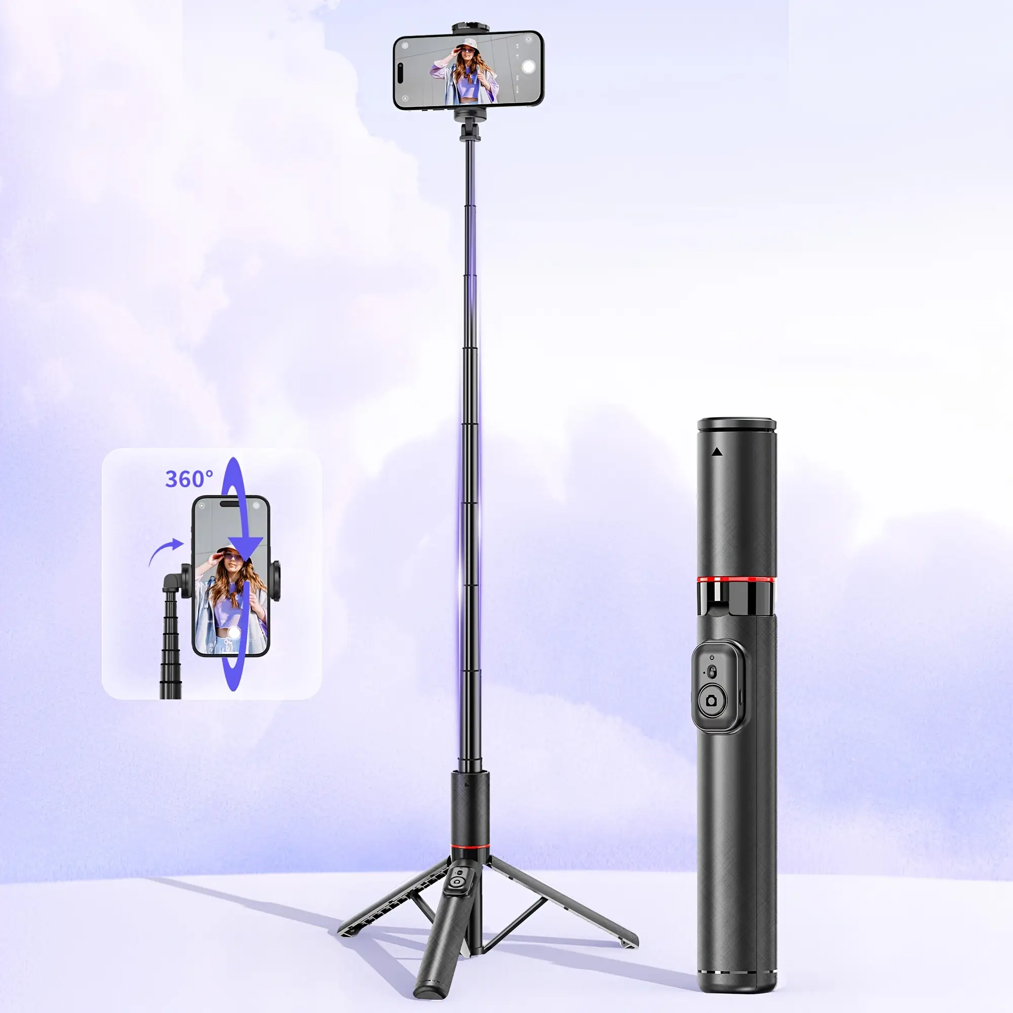 All-in-One Retractable Selfie Stick Tripod Compatible with iPhone and Android for Video Recording and Photography