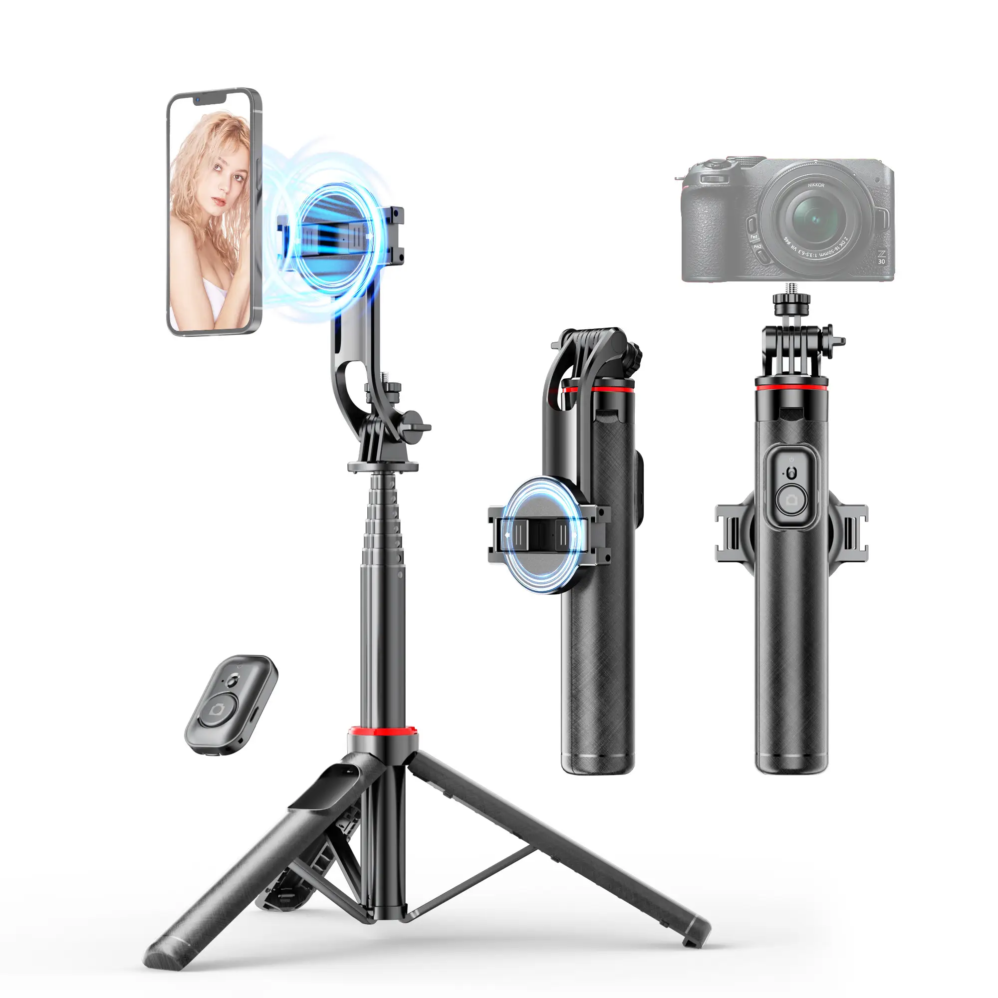 Magnetic Selfie Stick Tripod Travel Stand with Sec...