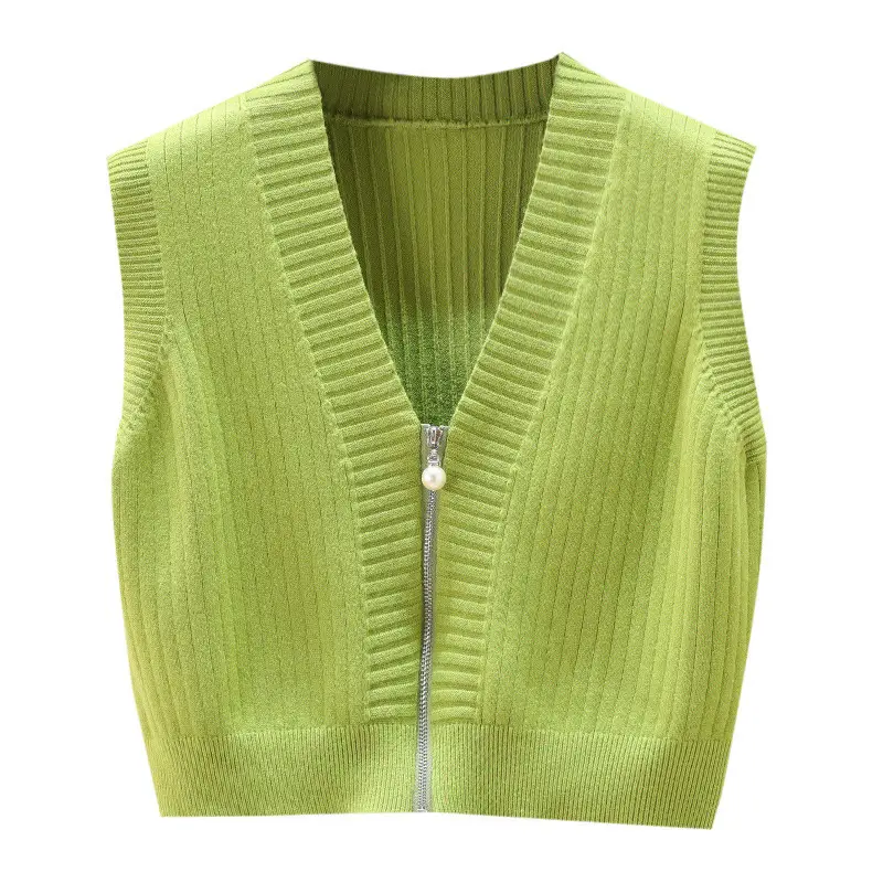 Zipper Sweater Vest Women Sleeveless Knitted Waist...