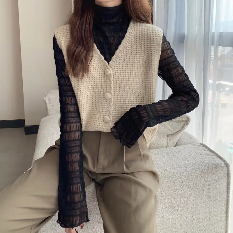 Women Short Knitted Vest Sleeveless Single Breasted Cardigan Sweater