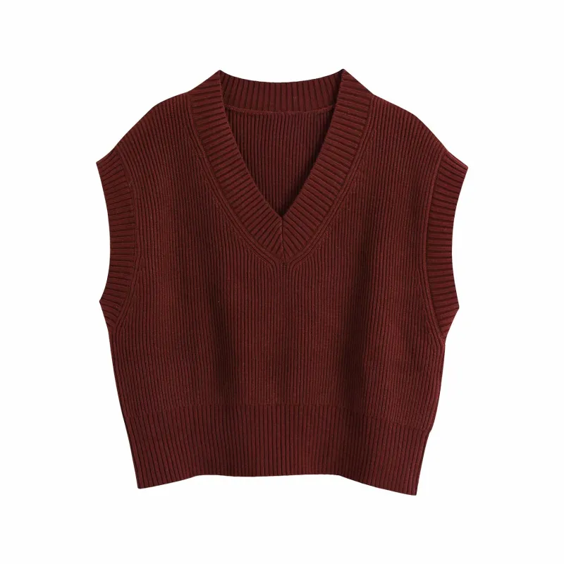 Vintage Woman Loose V Neck Knitted Short Vest Oversized Soft Sleeveless Sweaters Female Casual Tops