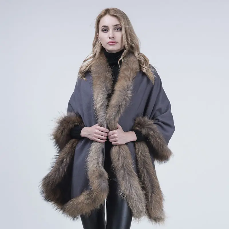 Women's Real Raccoon Fur Shawl Wrap Cloak Coat Sweater Poncho