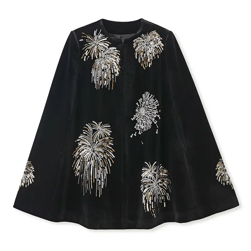 High End O-Neck Fireworks Beading+ Embroidery Design Elegant Fashionable Loose Coat Cloak