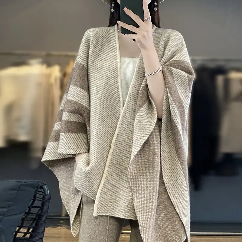 Ladies Thickened V-Neck Woolen Shawl Cloak Autumn Winter Loose Cowl Neck Warm Windbreaker Open Cardigan Style Outerwear