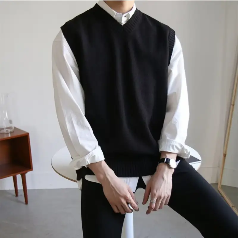 Sweater Vest Men Simple All-match V-neck Solid Sleeveless Male Tops