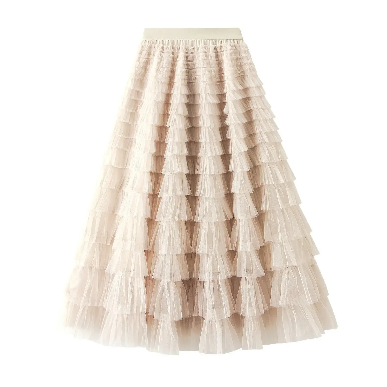 Multi-Layered Ruffled Mesh Midi Skirt High-Waisted Long Tulle Midi Skirt