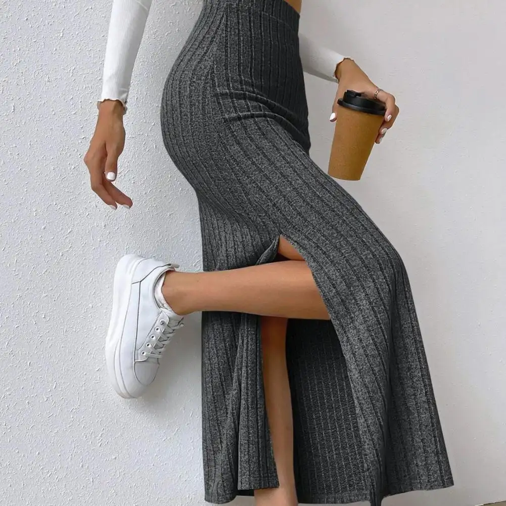 Autumn/Winter Knitted High-Waisted Thick Fit Slit Hem Bodycon Long Skirt For Women