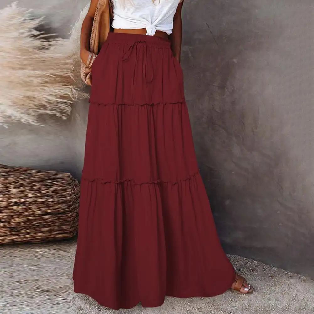 Retro Ruffled Pleated Bohemian High-Waisted Maxi Skirt With Layered Patchwork Design