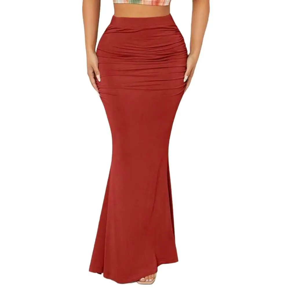 High-Waisted Fishtail Skirt With Pleats Solid Color Design Slimming Effect