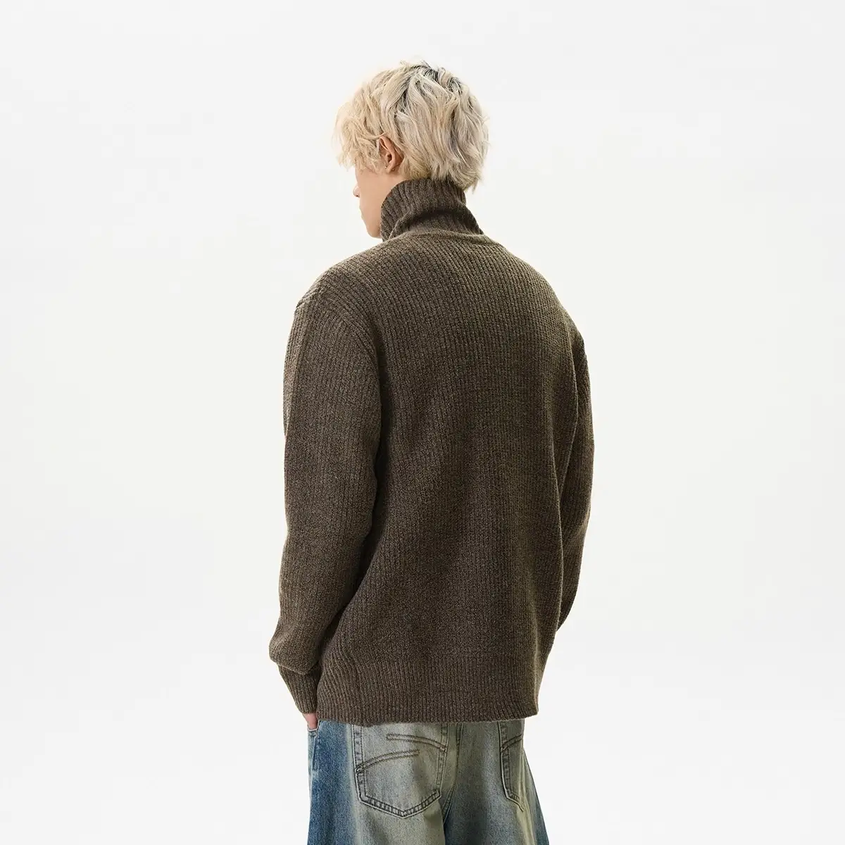 Retro Solid Color Stand Up Collar Knitted Cardigan Men's Loose Button Sweater Jacket