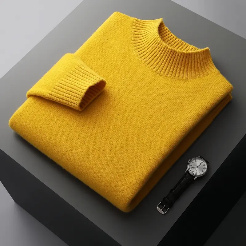 Double Thick Men's Cashmere Sweater With Semi-High Neck High-End Warm Wool Knitted Bottoming Shirt