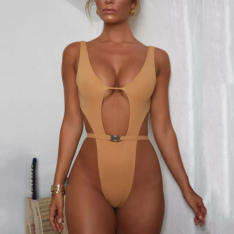 Women's Swimwear High Leg Cut One Piece Swimsuit Women Sexy Waist Buckle Belt Female Brazilian Bathing Suit Thong Monokini Bodysuit