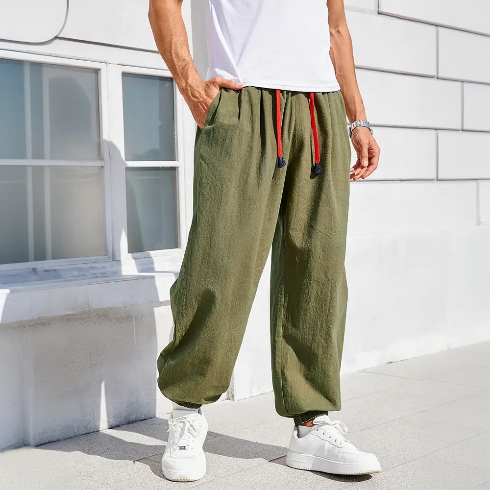Men's Harem Pants Loose Fit Cotton Linen Solid Color Cozy Sweatpants Joggers Male Casual Trousers