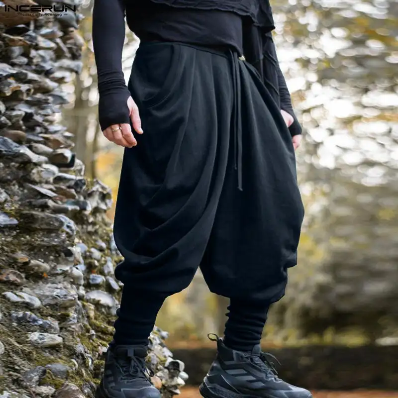 Men Pants Solid Color Drawstring Joggers Casual Male Harem Pants Streetwear Loose Fashion Leisure Trousers