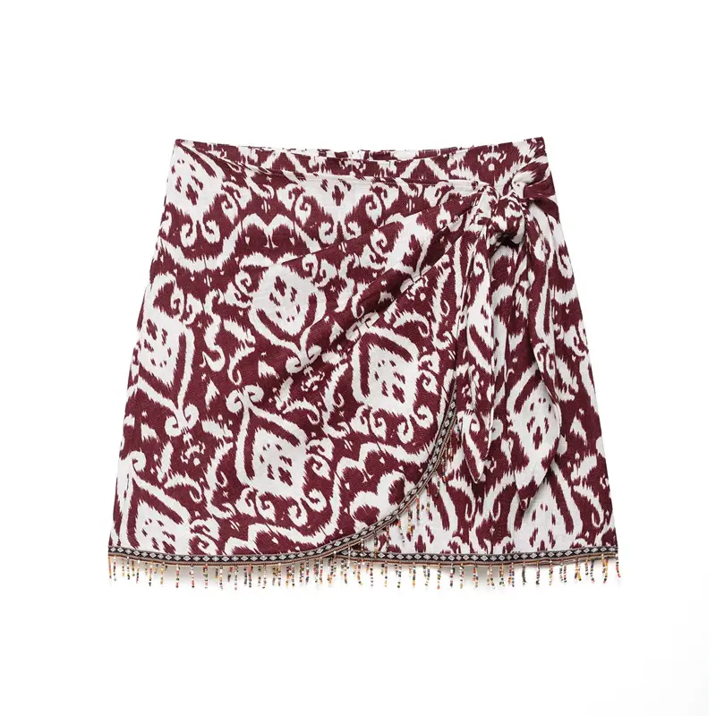 Vintage style Geometric Print Mini Skort Knotted Beaded Casual
