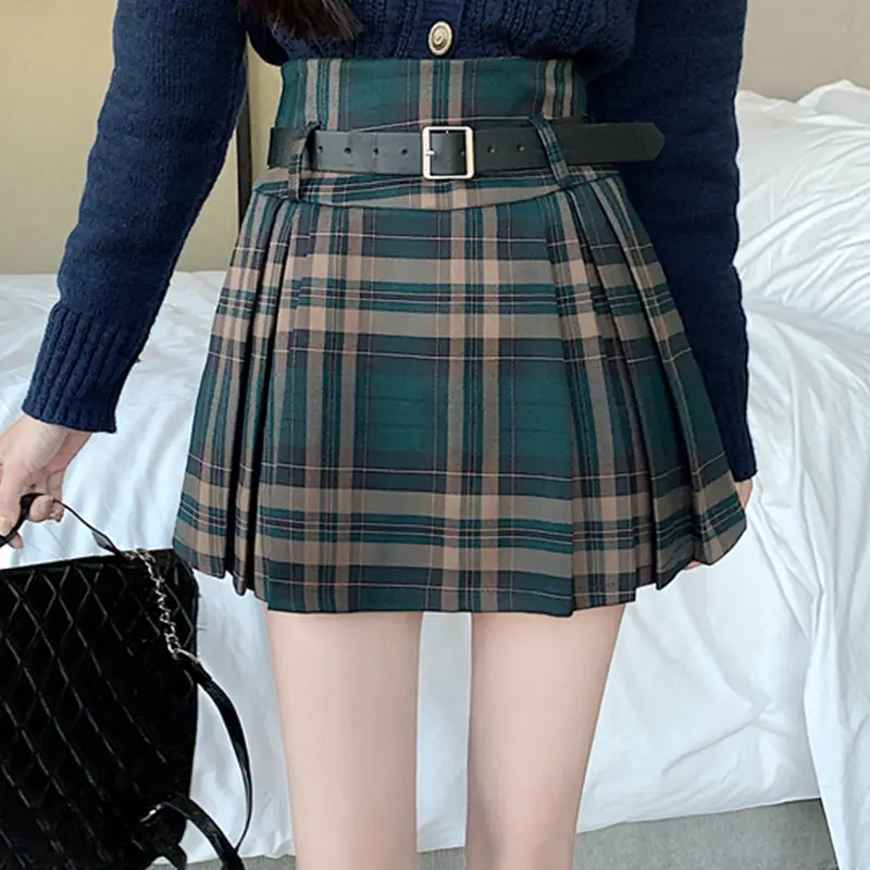 Plaid Skort With Belt High Waist Pleat Women Skort Preppy Style