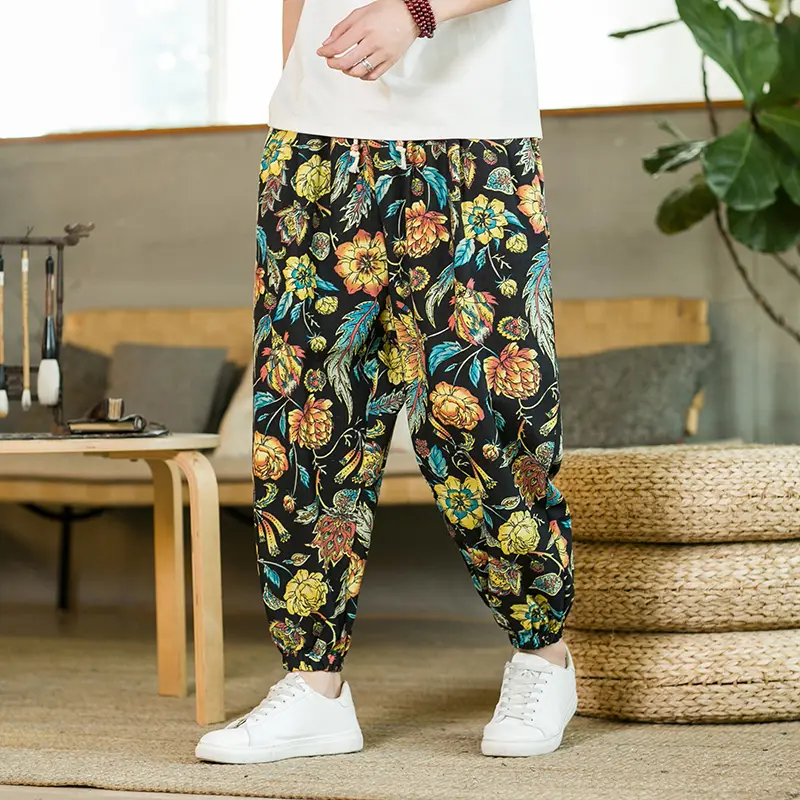 Summer Men Cotton and Linen Casual Harem Trousers Male Daily Casual Lace-up Loose Floral Pants
