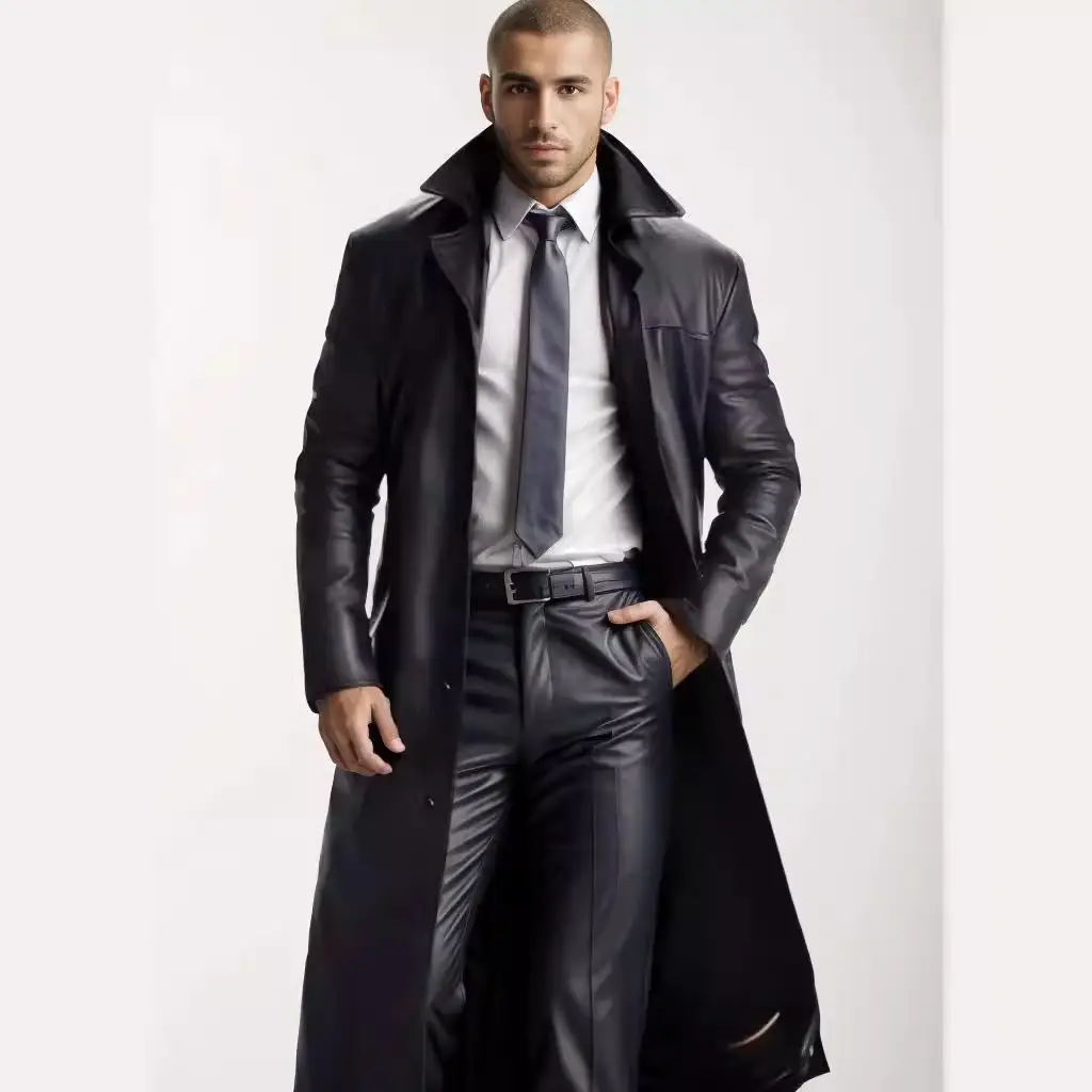 Men’s Fashion Leather Clothing Suit Collar Casual PU Over-the-Knee Leather Jacket