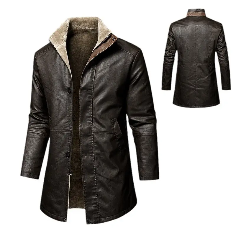 Men Coat Long Leather Jacket Casual Coats Vintage Fleece Large Lapel Coat