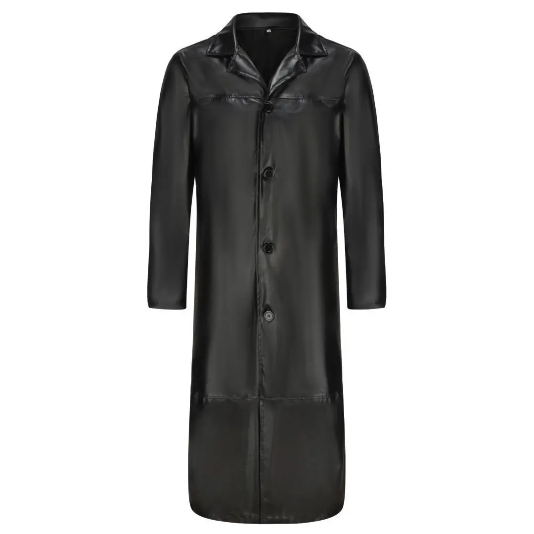 Men’s Fashion Leather Clothing Suit Collar Casual PU Over-the-Knee Leather Jacket